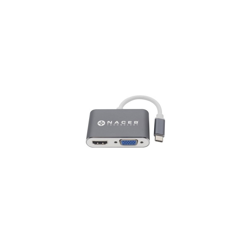 Adaptador Tipo C a HDMI+VGA Naceb Technology NA-0113 - Plata, USB C, HDMI+VGA