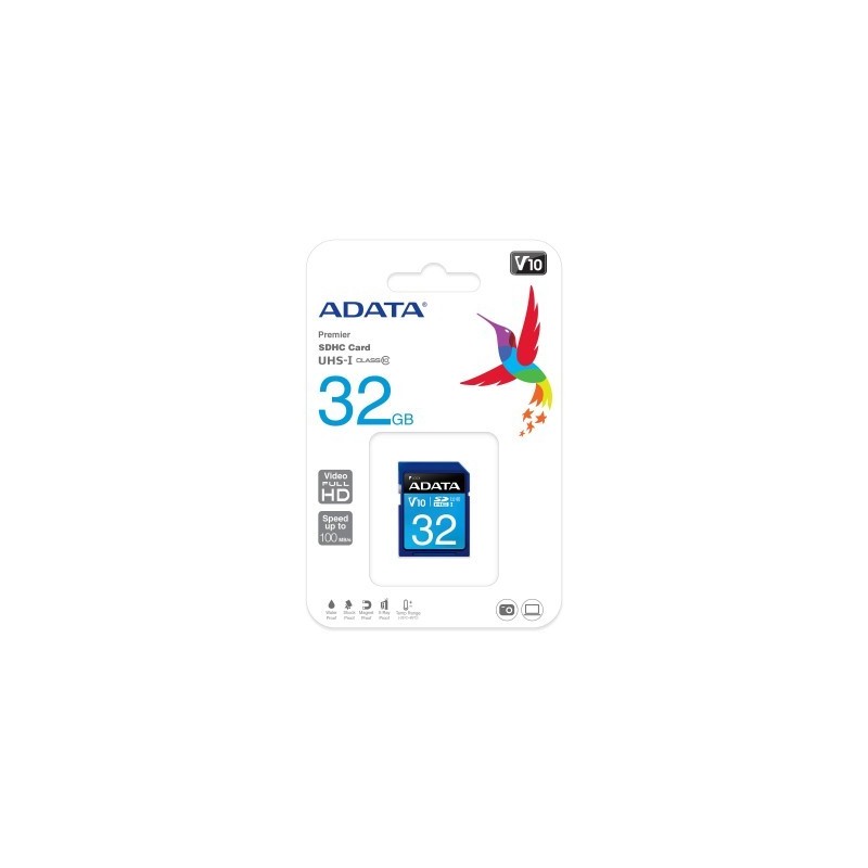 Memoria SD (SDHC) 32GB ADATA Clase 10 (V10) - Velocidad hasta 100MB/25MB por seg. ASDH32GUICL10-R